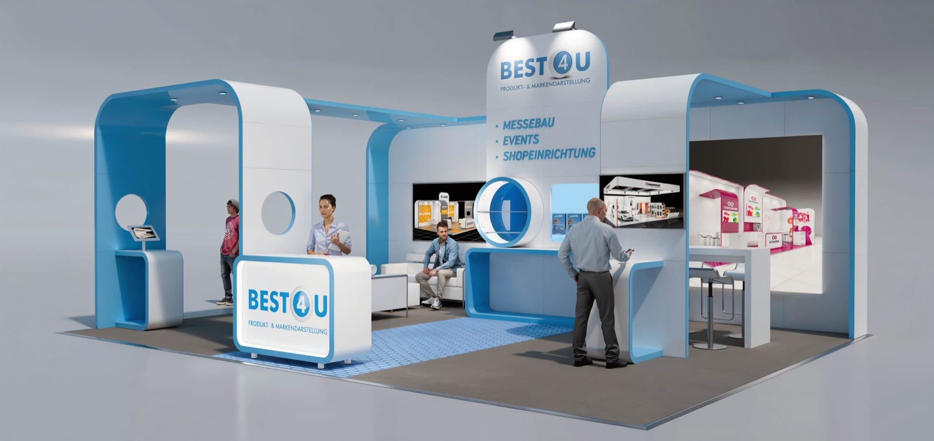 BEST4U Messestand – Markenwelt mit Lounge, Display-Walls und Empfang