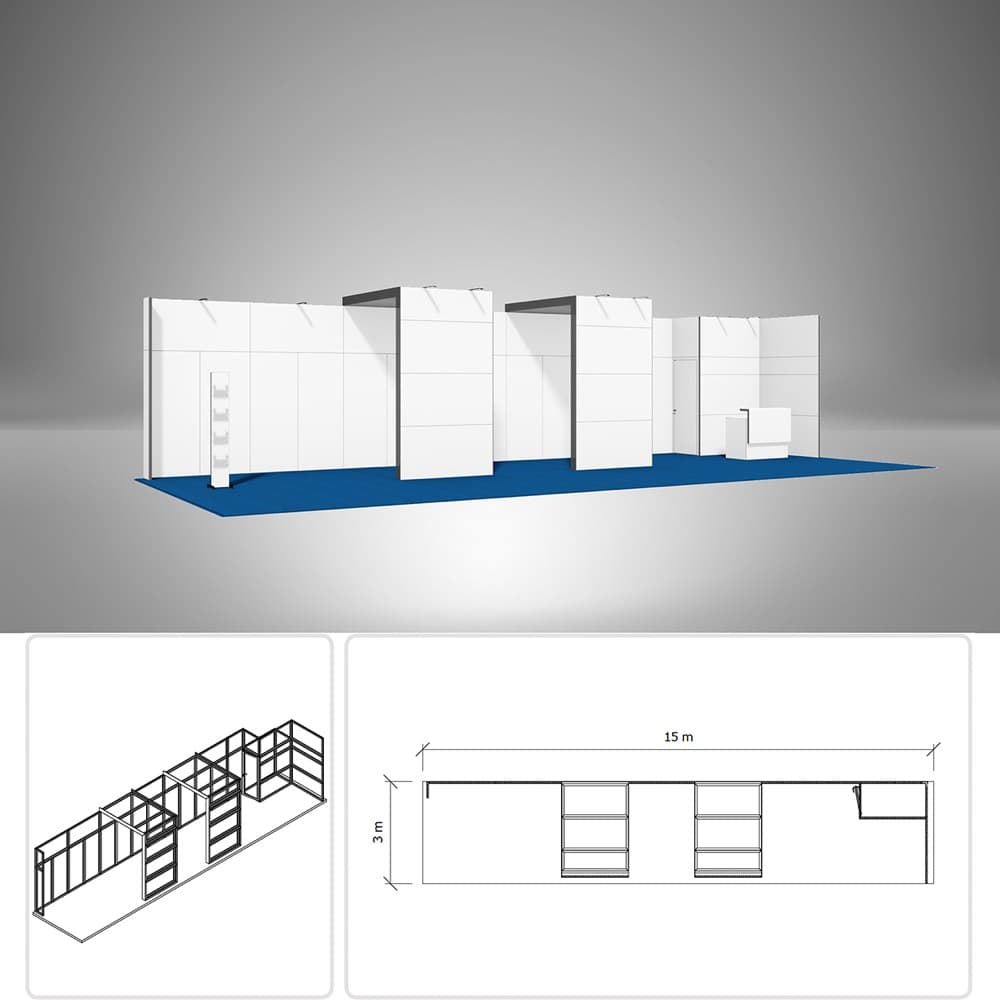 Messestand 3 × 15 m – 3D-Visualisierung