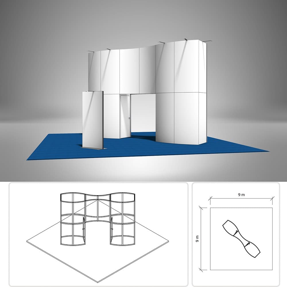 Messestand 9 × 9 m – 3D-Visualisierung