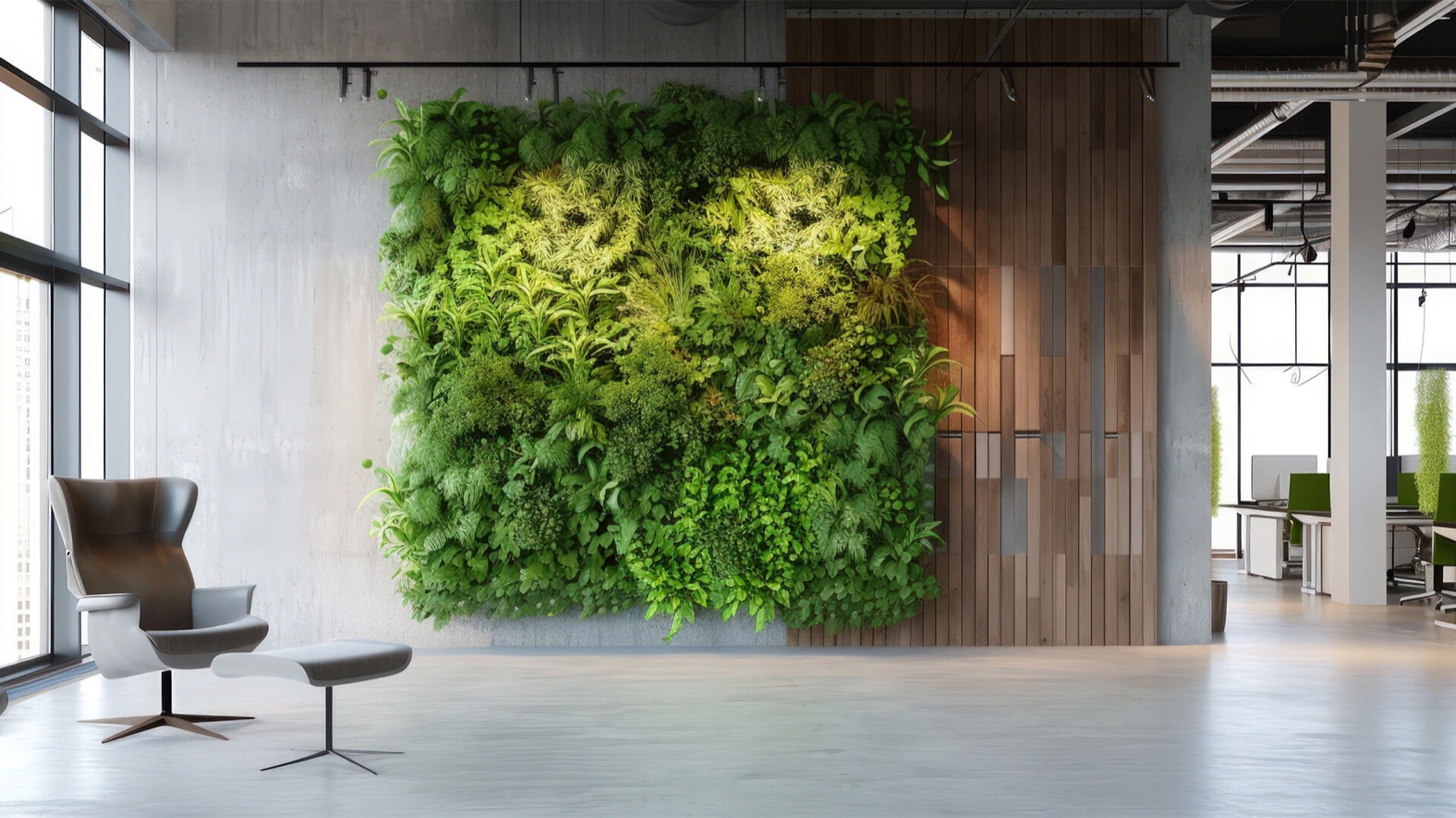Industrial Office mit großer Pflanzwand