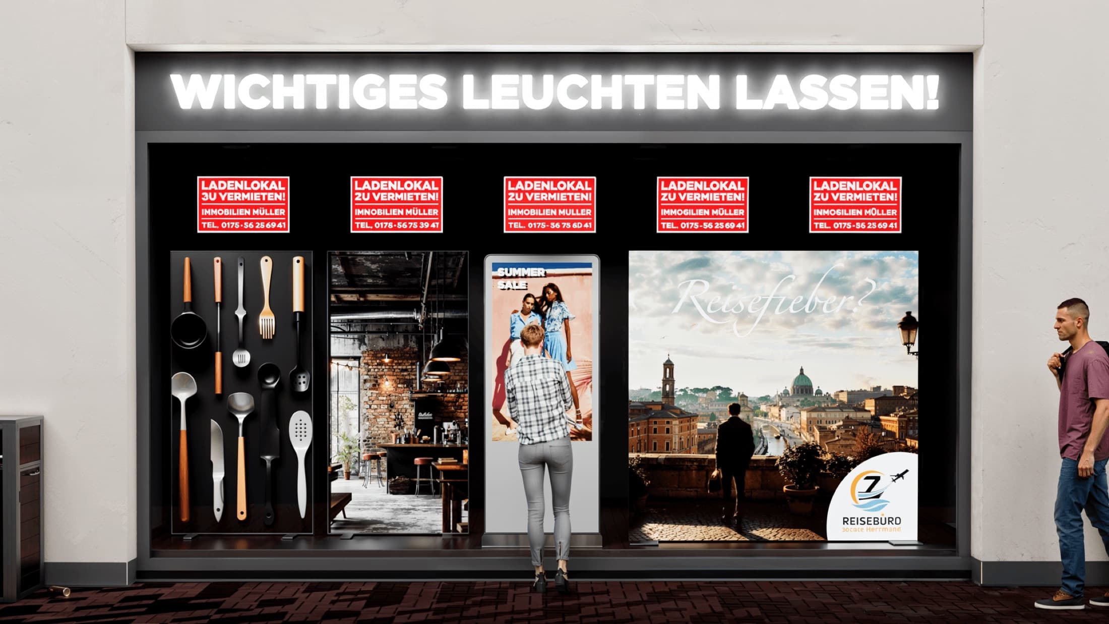 Schaufenster mit Zu-vermieten-Schildern